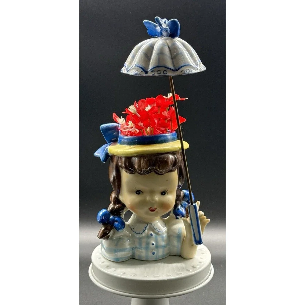 Vintage Napco 1950s Ceramic Girl Head Planter with Pigtails and Umbrella JAPAN